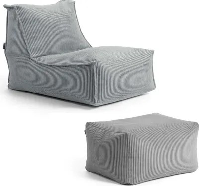 Produktbild von mokebo Sitzsack mit Hocker aus Cord 'Der Gelassene', Bean Bag, Relaxliege oder Bodenkissen mit EPS-Perlen Füllung, kuschelige und gemütliche Liege für Wohnzimmer und Wintergarten in Grau