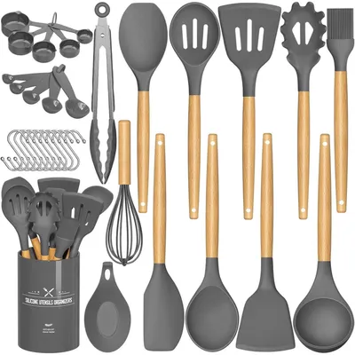 Obrázek produktu pro Sada kuchyňského náčiní s nepřilnavým povrchem, silikonová, dřevěná rukojeť, žáruvzdorná, 24 kusů