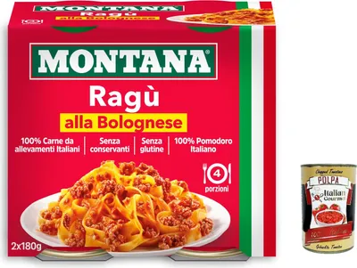 Produktbild von 12x Montana Ragù Bolognese, Sauce mit italienischem Fleisch, 2x180g Dose + Italian Gourmet polpa 400g