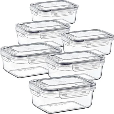 A set of six clear plastic food storage containers with gray clip-on lids, stacked in a staggered arrangement against a white background.