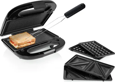 Produktbild von Kontaktgrill Gabel, Waffeleisen & Sandwichmaker 3in1 Wechselplatten 22,5x12,5cm