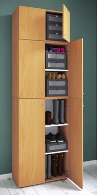 Produktbild von VCM Holz-Schuhschrank | Maße: H. 223 x B. 70 x T. 39 cm| Allzweckschrank | 5 Fächer | 4 Drehtüren | Aufsatz mit 2 Türen– Lona