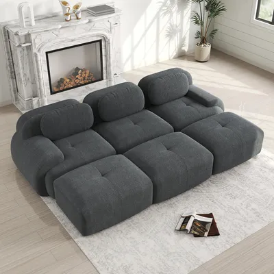 Produktbild von MODFU 3-Sitzer Ecksofa Cord,Modulares Sofa mit Geschwungene Armlehnen und Rutschfeste Unterseite,Rahmenloses Loungesofa mit 3 Ottoman,Grau