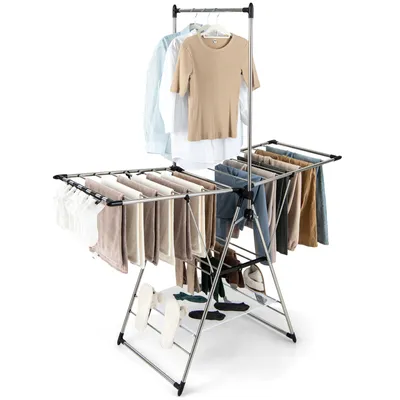 Produktbild von GOPLUS Wäscheständer Klappbar, Wäschetrockner höhenverstellbar mit hoch hängenden Kleiderbügeln & seitlichen Clips, Trockenständer Flügelwäschetrockner für Innen & Außen
