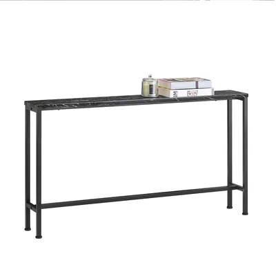 A black metal console table with a marble-look top, shown against a white background.