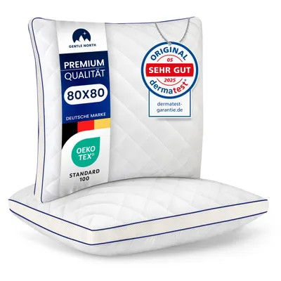 Produktbild von Gentle North Hochwertige Kopfkissen 80x80 cm groß in Hotelqualität 2er Set Flauschige, gut gefüllte Schlafkissen für Allergiker geeignet 60° Waschbar
