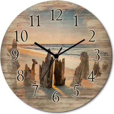 Produktbild von ARTland Holz Wanduhr Quarzuhr - schwarzer Zeiger Sonnenuntergang Strand Wellenbrecher Größe: 30x30 cm