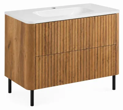 Produktbild von Badezimmerschrank 80, Craft-Eiche, mit Waschbecken, Beine schwarz, 80, 7 x 44, KI-generiertes Bild