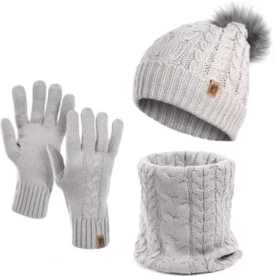 Produktbild von Damen Wintermütze Schlauchschal Handschuhe 3 teiliges Set | Warme Winter Mütze Schal Winterhandschuhe Beanie gefüttert grau