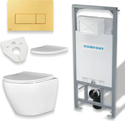Zdjęcie produktu dla Zestaw WC: stelaż podtynkowy C201 + toaleta Slim Soft-Close Desna biała + mata dźwiękochłonna + płytka przyciskowa w kolorze złotym