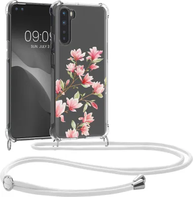 Produktbild von kwmobile Necklace Case kompatibel mit OnePlus Nord Hülle - Silikon Cover mit Handykette - Rosa Weiß Transparent Magnolien