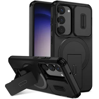 Produktbild von Magnetisch Hülle für Samsung Galaxy S23, Dual Layer Stoßfest Handyhülle mit Dia Kameraschutz, Verstellbarem Ständer Schwarz