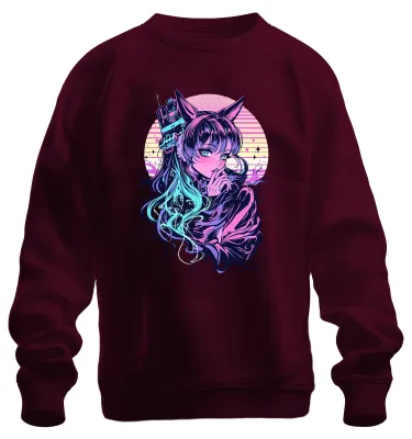 Immagine prodotto di Felpa unisex con cappuccio, stile cyberpunk, con immagine di una ragazza anime con orecchie da gatto, ispirata alla synthwave, con colori neon e elementi retro, ambientata in Giappone