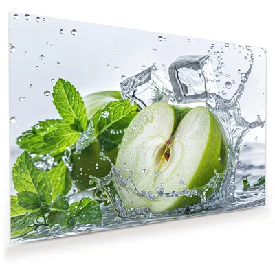 Produktbild von Glasbild 75x50cm in XXL für Wohnzimmer, Schlafzimmer Motiv Spritzender Apfel Mint