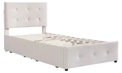 Productafbeelding van Kinderbed - Gestoffeerd bed 90x200 cm - Houten frame met lattenbodem - Met 2 lades voor opbergruimte - Bekleed met linnenstof - Beige - Zonder matras