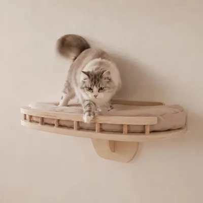Produktbild von Kletterwand MCW-Q55, Katzenplattform Liegeplatz Katzenmöbel Katzenbett, Holz MVG 20x44x28cm  natur, Kissen beige
