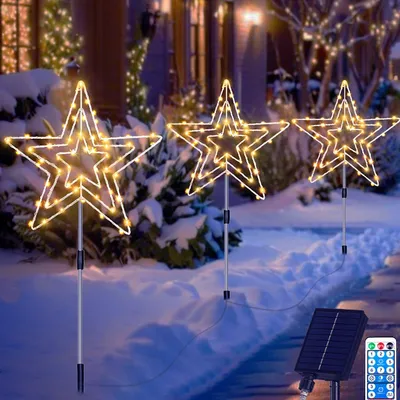 Solar-Stern-Weihnachtsleuchten 3er-Set, 75 LEDs, warmweiß, IP65, 8 Modi
