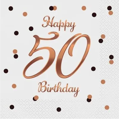 Image de Serviettes d'anniversaire B&C "50 ans de joie" - blanches avec impression rose et or, 33x33 cm, 20 pièc. Parfaites pour votre 50e anniversaire inoubliable