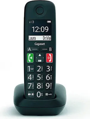 A black cordless Gigaset phone is shown in its charging cradle against a white background.