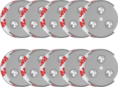 A set of 10 magnetic mounts for smoke detectors, arranged in two rows.