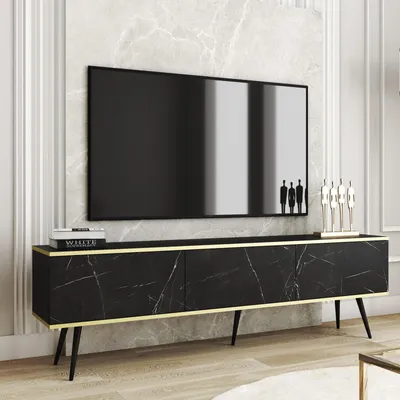 Productafbeelding van TV-meubel FORNO 175, marmerlook zwart, met gouden accenten, glamourstijl, Art Deco, zwarte poten