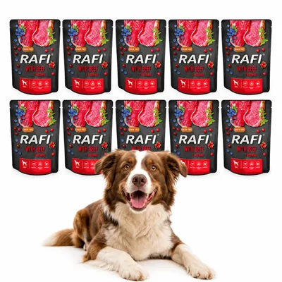 Produktbild von RAFI Nassfutter für Hunde 10 × 300 g im Beutel – Rind, Dolina Noteci, KI-generiertes Bild
