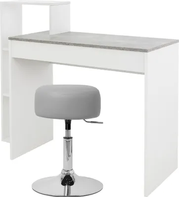 A white desk with a gray countertop and a gray adjustable stool.