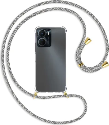 Produktbild von Handykette Backcover-Schutzhülle mit Band (Metall goldfarben) für vivo Y16 4G (6.51'') - weiß/grau kariert