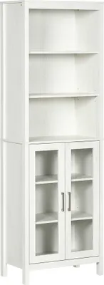 Produktbild von Kleankin Hoher Badezimmerschrank mit 2 Glastüren und 3 offenen Regalen, Badezimmer-Hilfssäule für Wohnzimmer, Toilette, Schlafzimmer, moderner Stil, 53 x 30 x 162 cm, Weiß