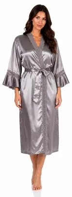 Produktbild von Damen Satin Morgenmantel Kimono mit Spitze Seidenoptik Hausmantel Taupe XXL/44