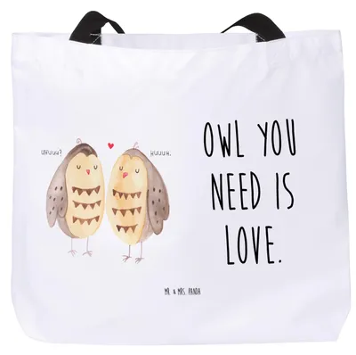 Produktbild von Mr. & Mrs. Panda Tote Bag Eulen Liebe - Weiß - Geschenk, Liebesspruch, Reisetasche, Pandatasche, Laptoptasche, Hochzeitsspruch, Schultasche, Paar, Eule, Tasche