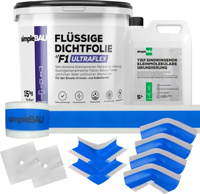 Produktbild von SimpleBau F1 Ultraflex Dichtset Flüssigdichtfolie gebrauchsfertig + Grundierung + elastisches Dichtband für Fugen und Ecken zum Abdichten von Bädern, 15KG+TF5L+DB15M+4INN+2AU+2WAN