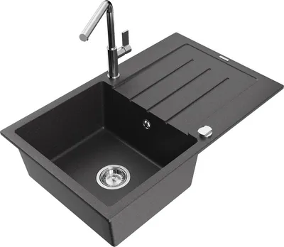 Produktbild von Mexen Bruno 1 Becken-Granitspüle mit Abtropffläche und Mischbatterie Flora, Schwarz gesprenkelt - 6513-76-670401-00