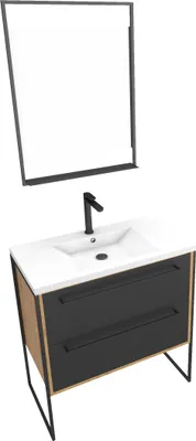 Image de Meuble salle de bain 80x50cm - vasque blanche 80x50 cm - 2 tiroirs noir mat + miroir LED