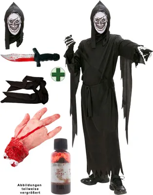 Produktbild von Kostüm Weißes Gesicht mit Hand, blutiges Messer und Blut Größe: 140
