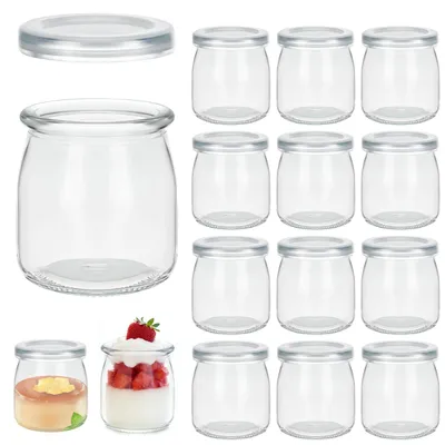 12 Yoghurtgläser 200 ml mit Deckel, transparent, spülmaschinengeeignet
