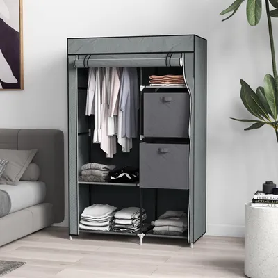 Produktbild von Stoffschrank Dunkelgrau, Kleiderschrank Vliesstoff faltbar, 6 Regalböden 1 Kleiderstange, Stahlrahmen | 102 x 42,5 x 162,5 cm | 3,8 kg