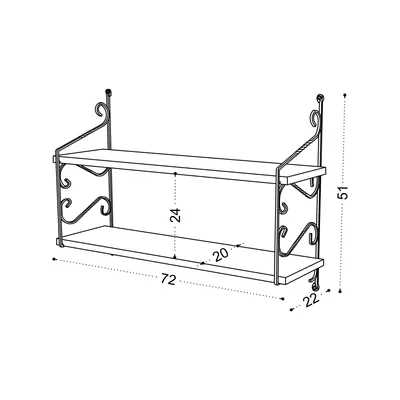 A technical drawing of a white, two-tiered wall shelf with decorative black metal scrollwork.