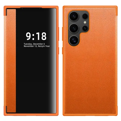 Obrázek produktu pro Pouzdro pro Samsung Galaxy S24 Ultra tenkéPolyuretankožené klopové pouzdro s okénkem pro zobrazení Pomerančový