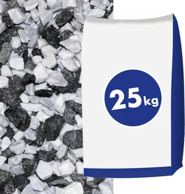 A bag of marble chips next to a pile of marble chips.
