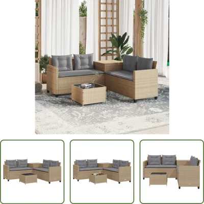 Image de The Living Store Canapé de jardin en L avec table et coussins Beige Poly Rattan