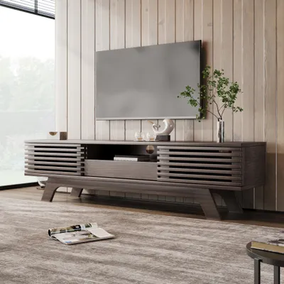 Produktbild von okwish TV-Schrank TV-Lowboard mit einer Schublade und zwei Türen, TV-Möbel, TV-Panel, TV-Lowboard, TV-Schrank. Einzigartiges Design, Vintage-Holzfarbe