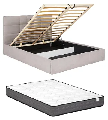 Produktbild von Bett mit Bettkasten 140 × 190 cm – Stoff – Beige + Matratze – ELIAVA