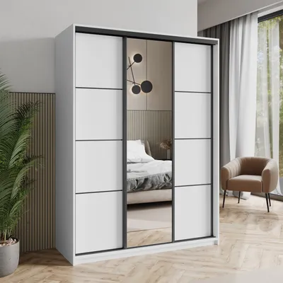 Produktbild von Masseno Schiebetürenschrank VARO 150/205/60 cm Kleiderschrank mit Schubladen Schlafzimmer Schrank 3-türig mit Spiegel Weiß + Schwarz