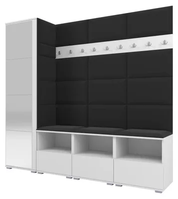 Productafbeelding van Garderobe NELA IX, 200 cm. Modulaire entreekast, wit, met spiegel en zwart zitkussen. (Bred bankje)