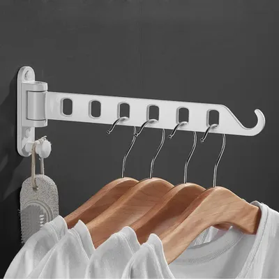 Produktbild von Wandmontierter, klappbarer Kleiderständer mit um 180° drehbaren Kleiderhaken, Kleiderstange, Wandhaken, Hakenleiste, Garderobenhaken, Wäscheständer für Balkon, Waschküche, Badezimmer (weiß, 1 Stück)