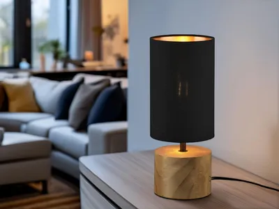 Produktbild von LED Tischleuchte 1 flammig Holzfuß, Stofflampenschirm Schwarz Ø12cm Höhe 30cm