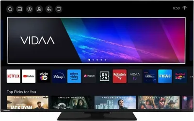 A smart TV screen displaying various streaming service logos and movie posters.