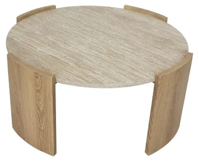 Image de CALICOSY - Table basse ronde plateau effet travertin et pieds effet bois D80 cm - IZIA