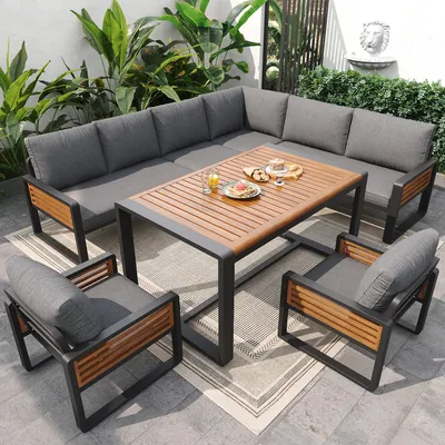 Immagine prodotto di Set da giardino Merax in legno di acacia e metallo, set di mobili per 8 persone con tavolo da pranzo, cuscini ergonomici, traspiranti e resistenti agli schizzi, grigio